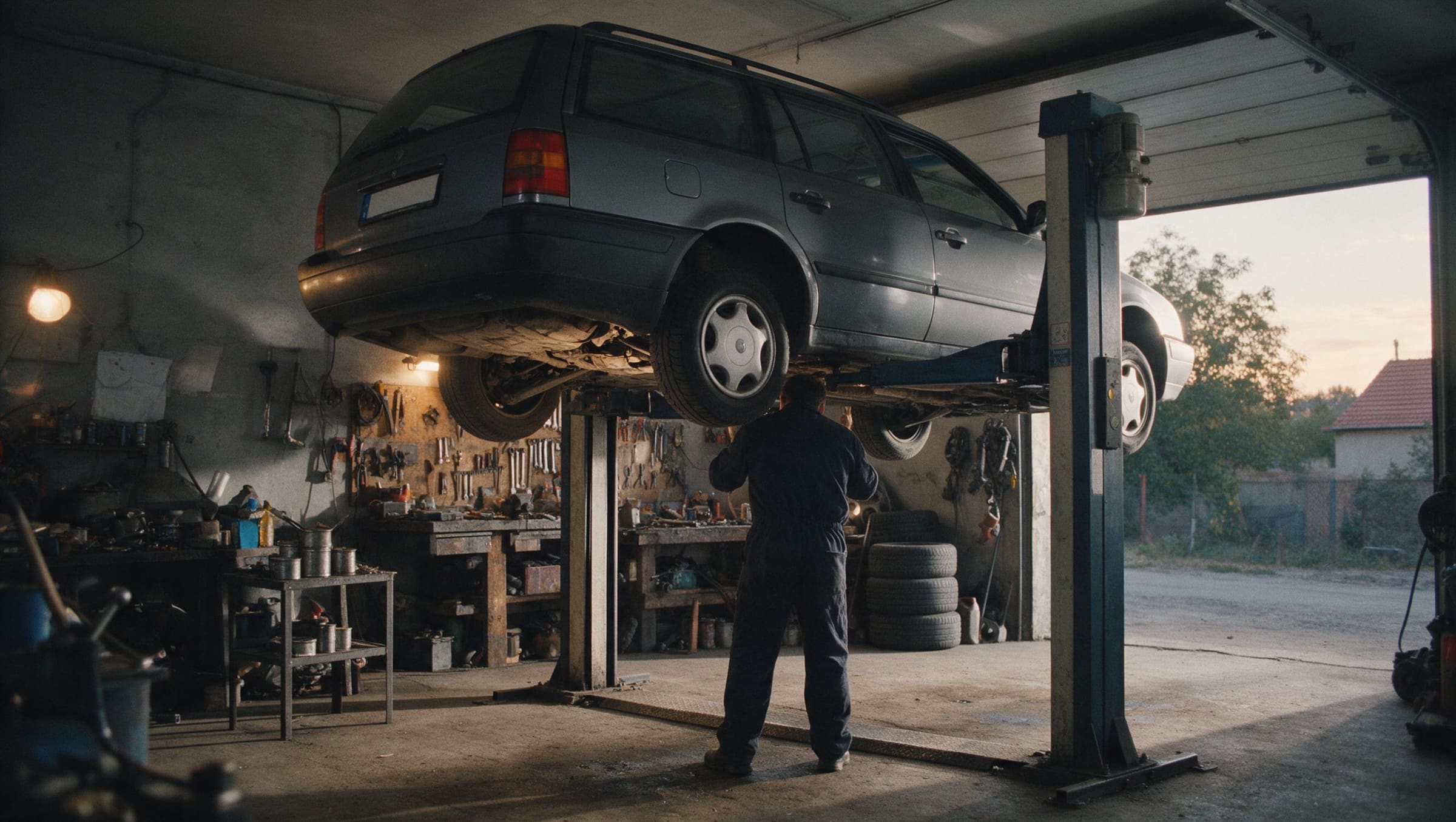 Mechanik w granatowym kombinezonie sprawdza podwozie szarego kombi podniesionego na podnośniku, przez otwartą bramę wpada wieczorne światło