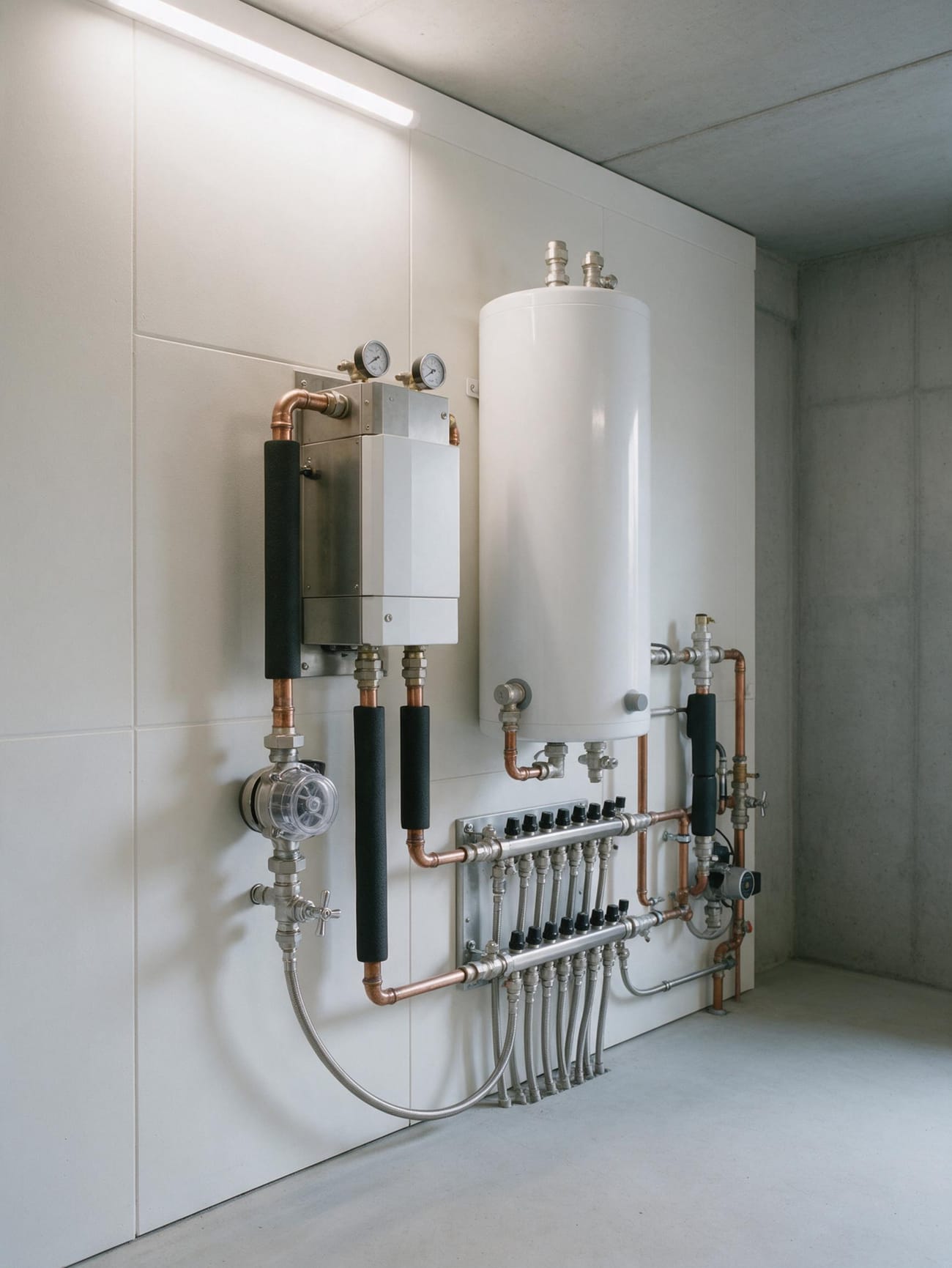Wewnętrzny węzeł cieplny na białej ścianie: moduł hydrauliczny, miedziane rury, zasobnik i rozdzielacz