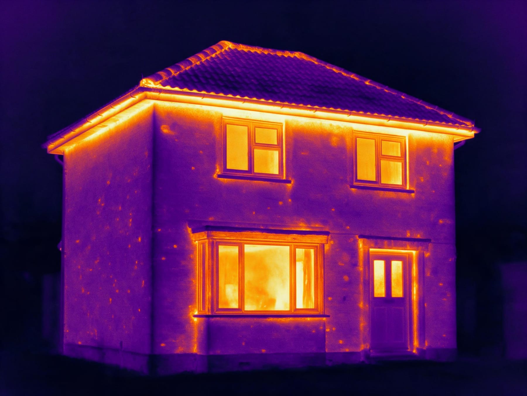 Termogram domu: fioletowe ściany i jasnopomarańczowe okna oraz krawędź dachu pokazujące straty ciepła