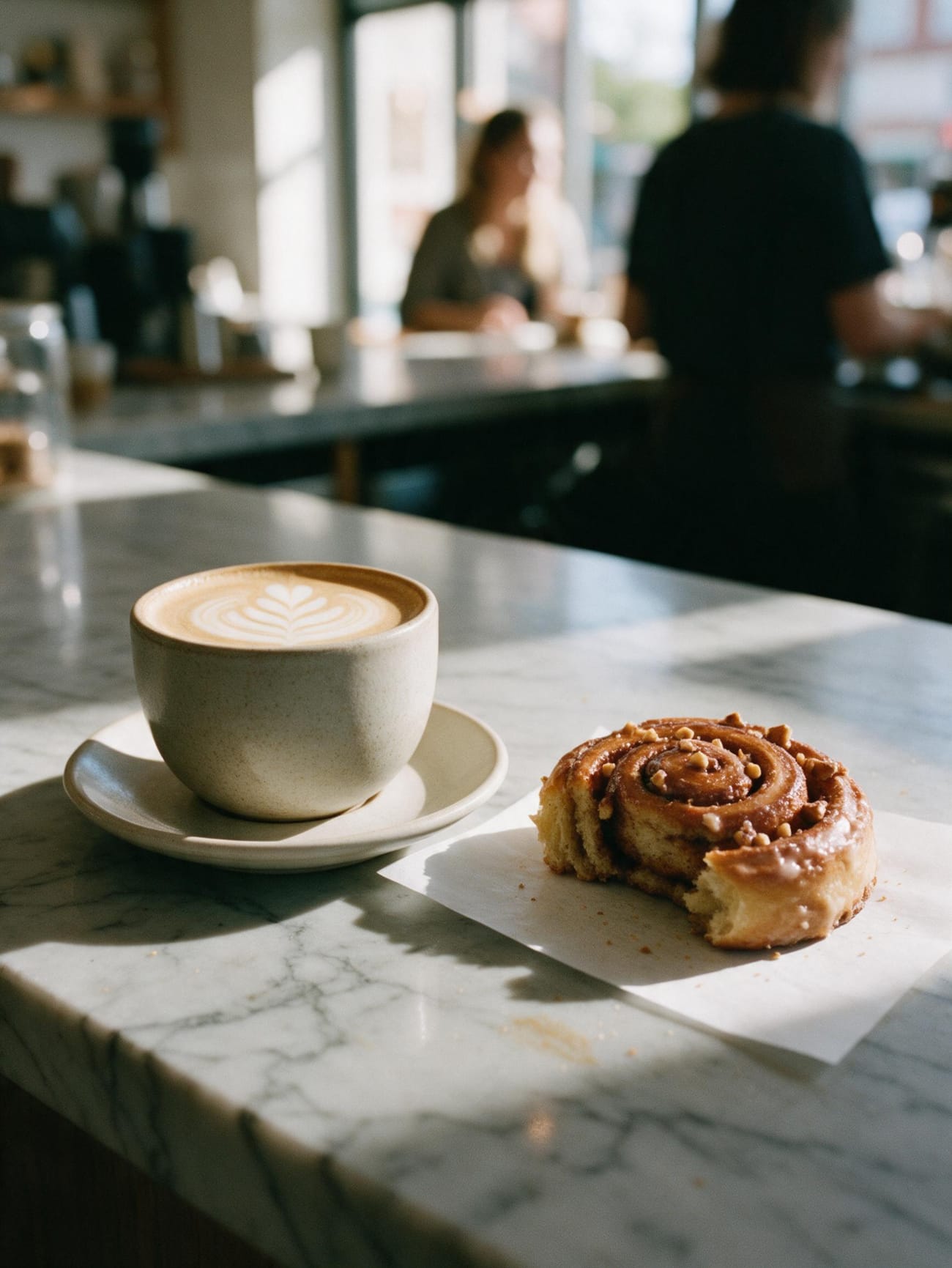 Flat white w ceramicznej filiżance i nadgryziona bułka cynamonowa na marmurowym blacie