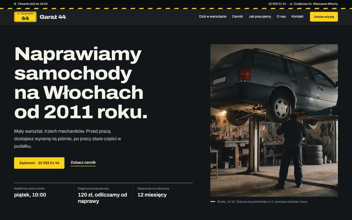 Projekt demo: strona warsztatu — auto na podnośniku i nagłówek „Naprawiamy samochody na Włochach od 2011 roku.”