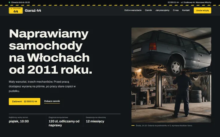 Projekt demo: strona warsztatu — auto na podnośniku i nagłówek „Naprawiamy samochody na Włochach od 2011 roku.”