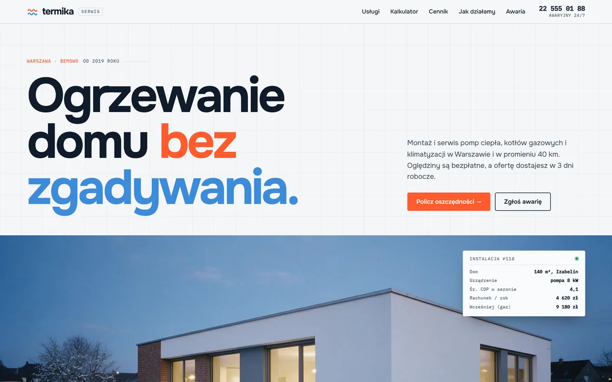 Projekt demo: strona firmy instalacyjnej z kalkulatorem oszczędności